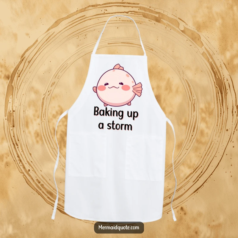 Funny Apron showing a shy pufferfish slightly inflating with a hesitant giggle, perfect for kitchen duties with ocean humor.