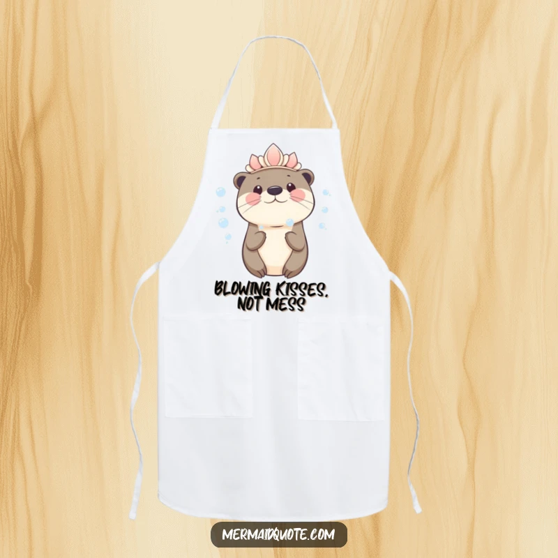 Funny kawaii otter wearing a seashell crown blowing bubbles on an apron, charming kitchen accessory for cooks.