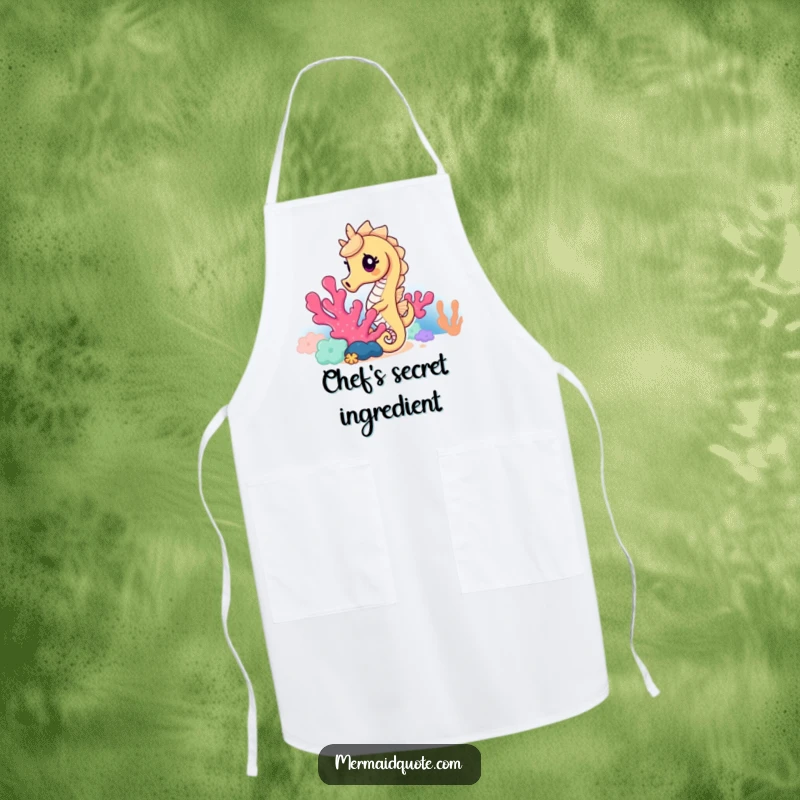 Funny seahorse apron with a curious seahorse peeking from behind coral, inspiring a humorous cooking experience for any kitchen.