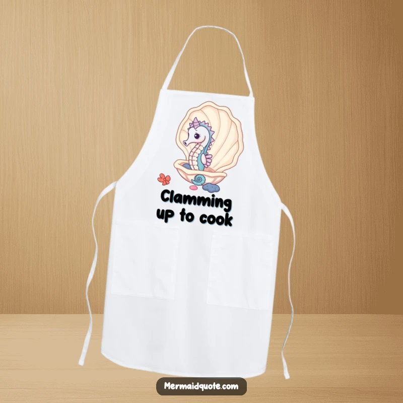 Funny cute seahorse peeking from a giant clam shell, a humorous apron for delightful kitchen adventures.