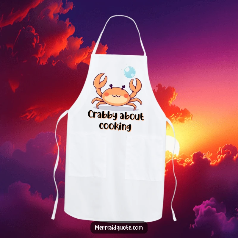 Funny tiny crab playfully waving its tiny claws at a bubble, a humorous apron for delightful beach kitchen adventures.