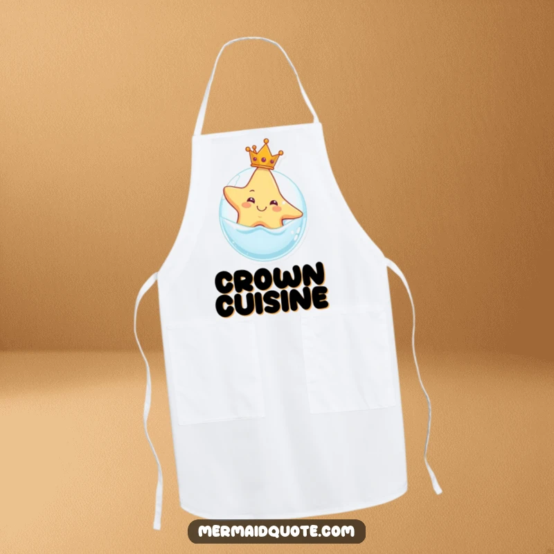 Funny apron with a smiling starfish wearing a crown, floating on a bubble, designed for kitchen fun with regal charm.