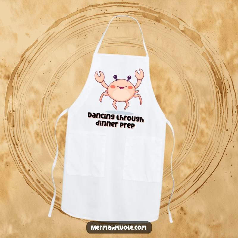Funny little crab with extra legs doing a funny leg dance on an apron, comical kitchen accessory.