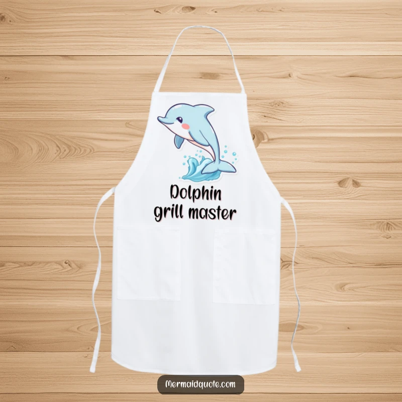 Funny apron featuring a playful dolphin leaping through waves, designed for kitchen fun and protecting clothes with ocean humor.