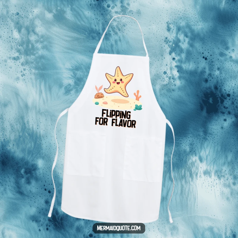Funny cheerful starfish doing a cartwheel on the sandy ocean floor, on a durable kitchen apron.