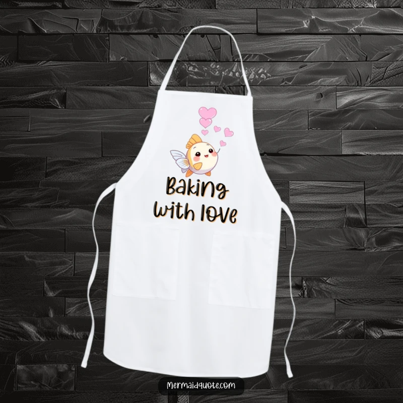 Funny tiny angelfish apron, joyfully blowing a stream of heart-shaped bubbles, perfect for adding a touch of sweetness to cooking.