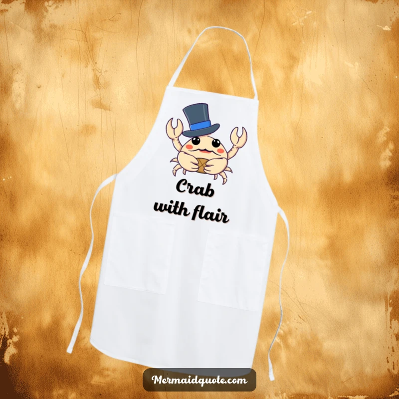 Funny crab wearing a formal top hat, clutching a tiny treasure, printed on a practical apron for culinary adventures.