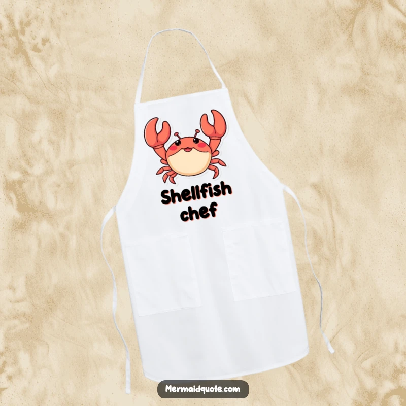 Funny apron with a little crab waving enthusiastically with oversized claws, designed for kitchen fun and protecting clothes with beach humor.