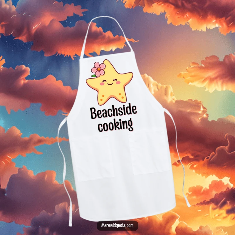 Funny apron featuring a happy starfish with a flower, dancing with joy, ready to add a touch of tropical fun to culinary creations.