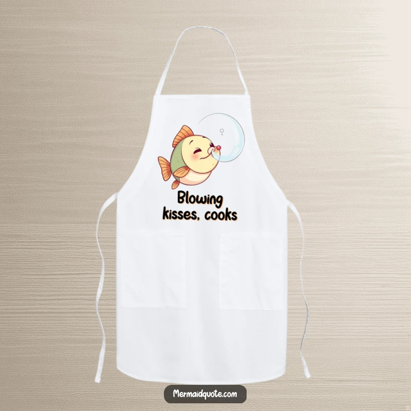 Funny fish apron showing a small, determined sea creature blowing a large, triumphant bubble, ideal for keeping clothes clean during cooking.