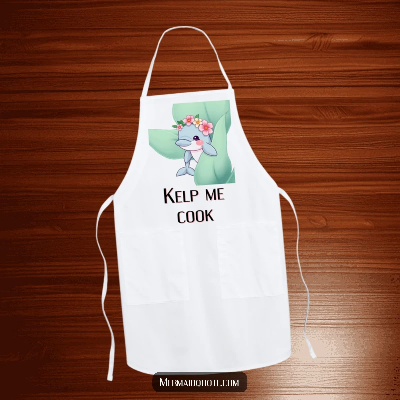 Funny Dolphin Flower Crown Apron: Whimsical apron featuring a curious dolphin with a flower crown peeking from kelp, for kitchen charm.