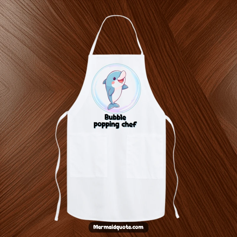 Funny dolphin apron showing a playful character comically leaping through a giant, sparkling bubble, ideal for cooking.
