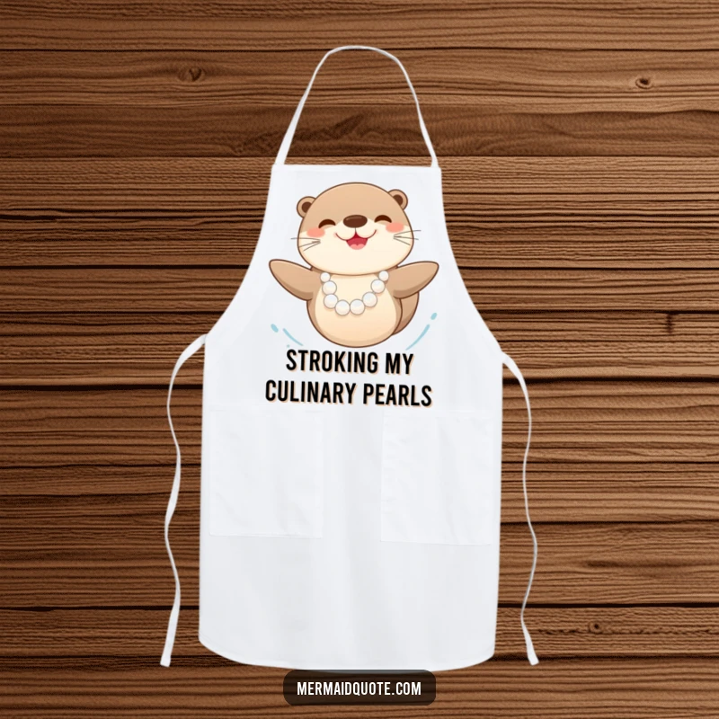 Funny happy sea otter wearing a pearl necklace, swimming cheerfully, printed on a practical and amusing kitchen apron.