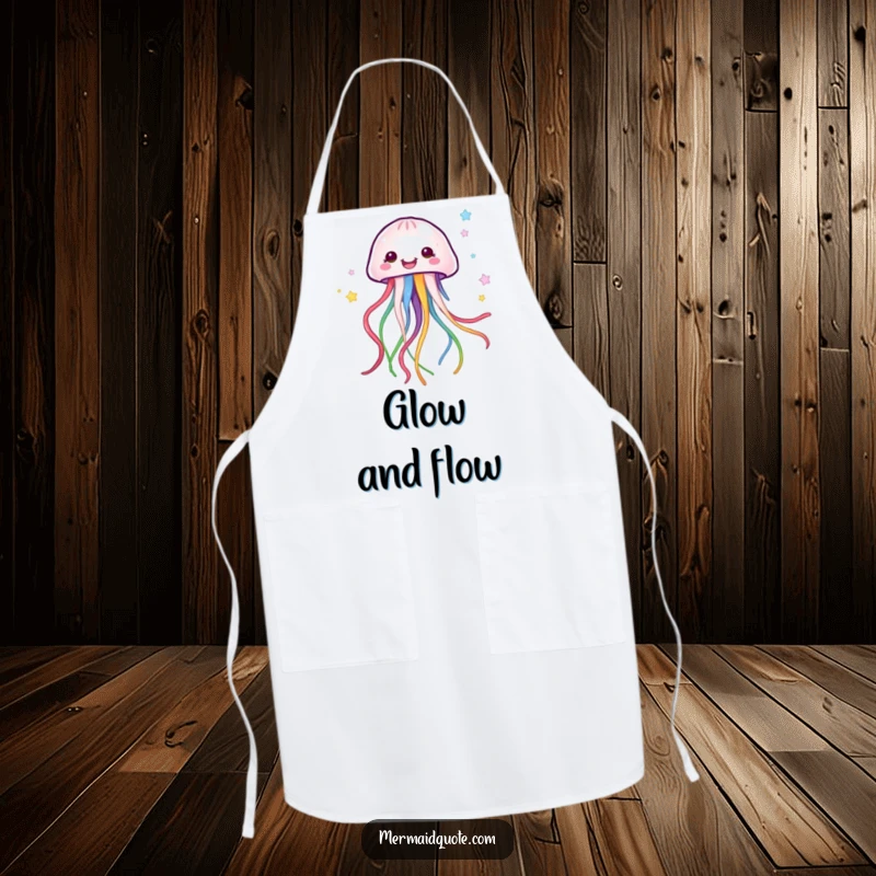 Funny jellyfish creature with colorful ribbons, humorously designed on a functional apron for kitchen use and fun.