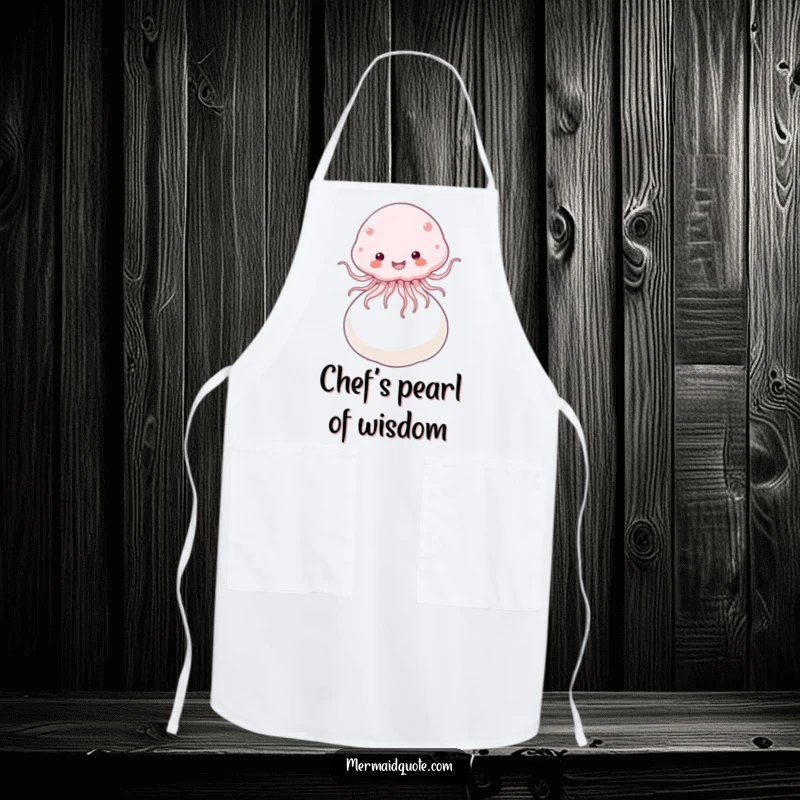 Funny Apron with a fluffy jellyfish joyfully bouncing on a giant pearl, perfect for whimsical kitchen fun.