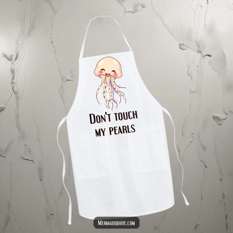 Funny chef apron featuring a laughing jellyfish gracefully twirling luminous pearls, perfect for kitchen fun and protecting clothes with humor, a gift.