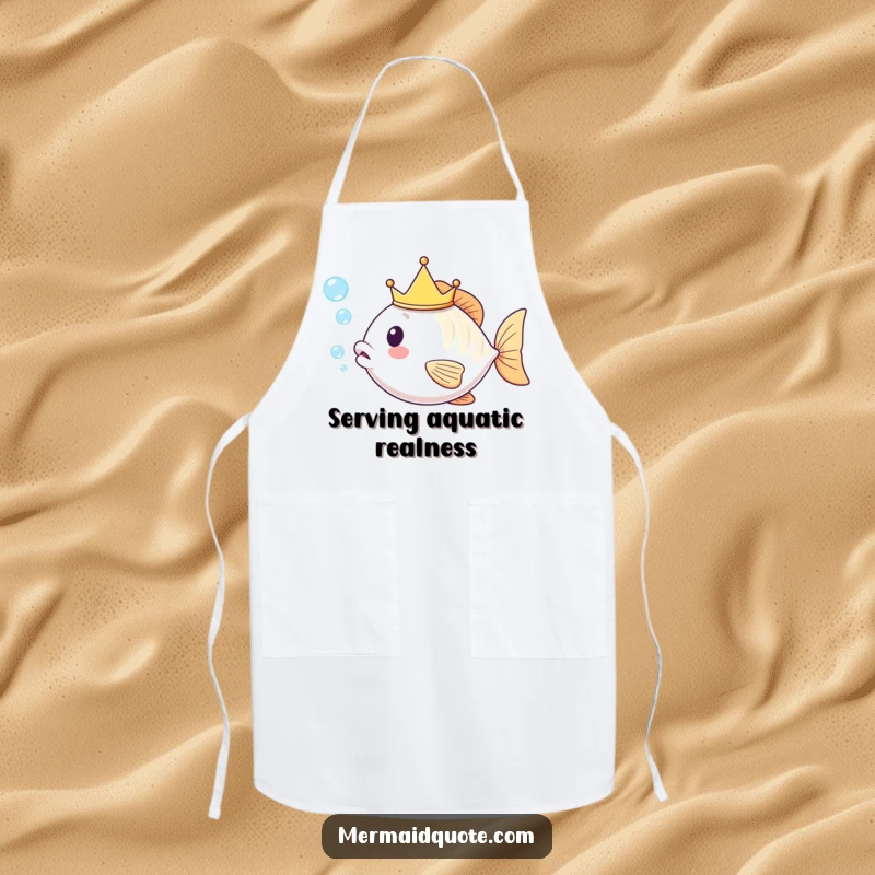 Funny kawaii fish in a tiny crown, blowing a delightful stream of bubbles, printed on a practical and amusing kitchen apron.