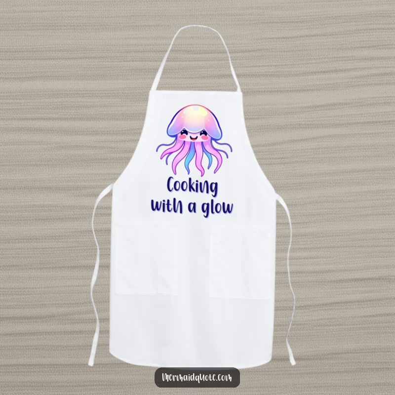 Funny kawaii jellyfish apron featuring a happy, glowing sea creature in bright, cheerful colors, perfect for protecting clothes while cooking.