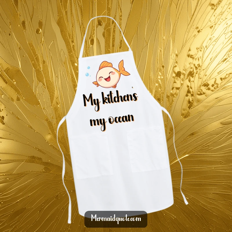 Funny apron showcasing a jubilant fish with a hearty laugh, trailing bubbles as it swims in a funny, circular motion.