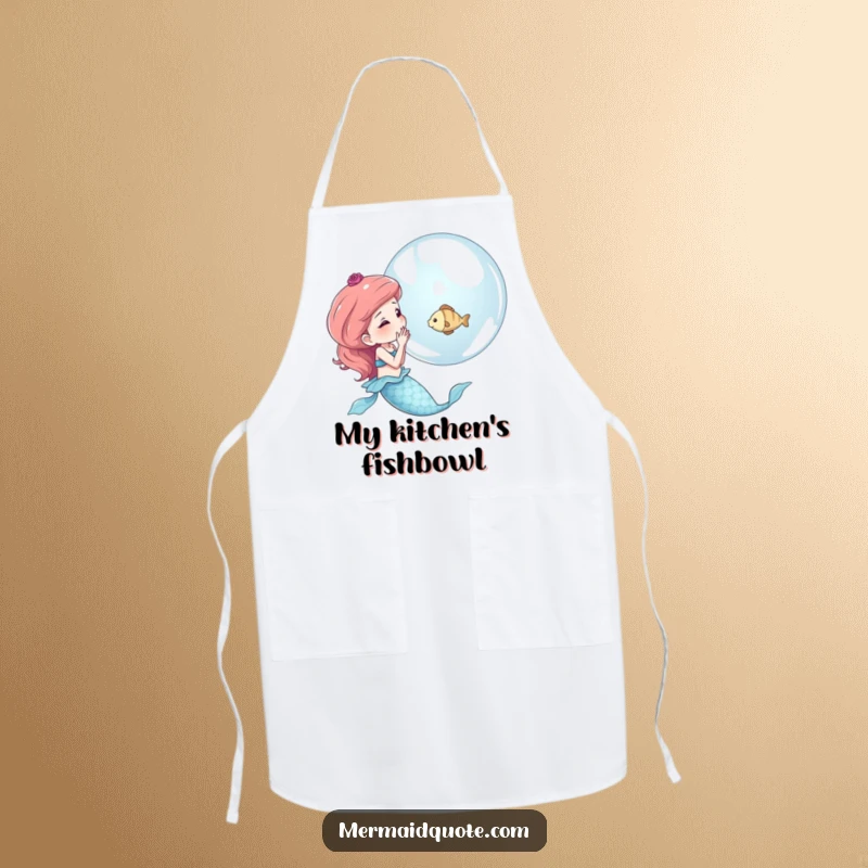 Funny apron showing a mermaid blowing a shimmering bubble that contains a tiny fish, a whimsical design for culinary magic.