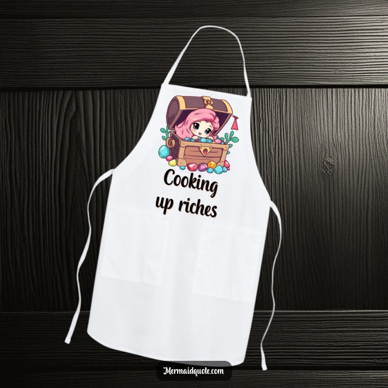 Funny apron with a curious mermaid peeking from behind a treasure chest of gems, ideal for magical cooking.