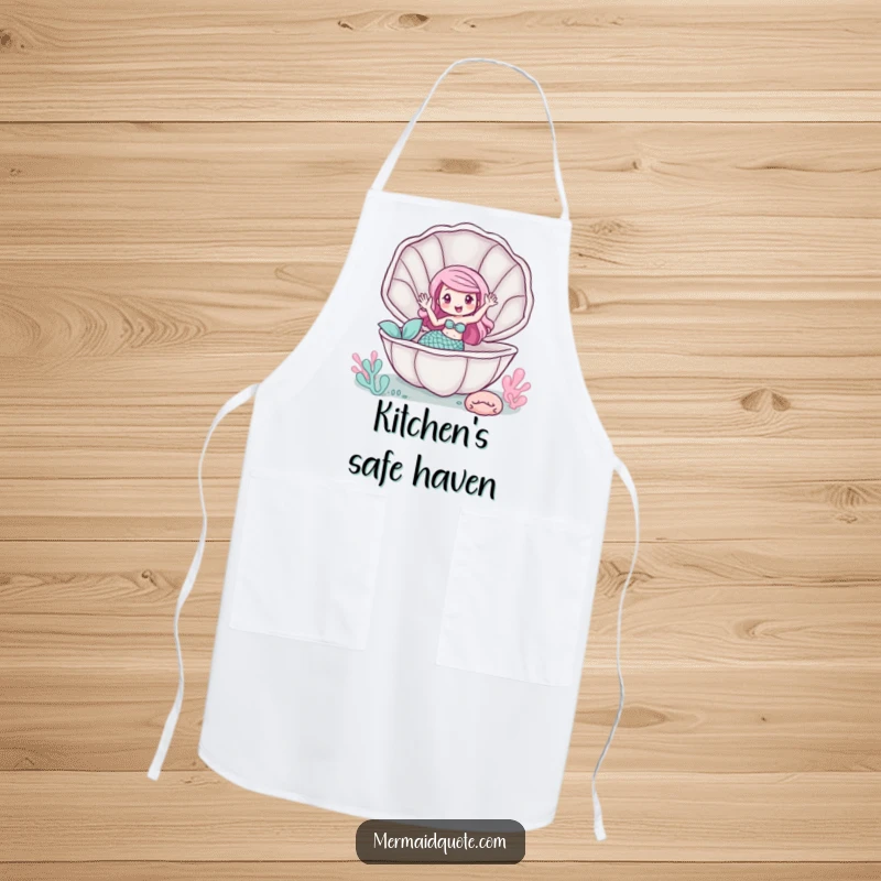 Funny apron of a mermaid waving from inside a giant clam, for kitchen greetings.