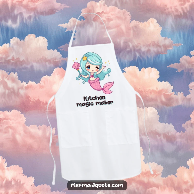 Funny apron of a mermaid waving a seashell wand, conjuring magic, for kitchen enchantment.