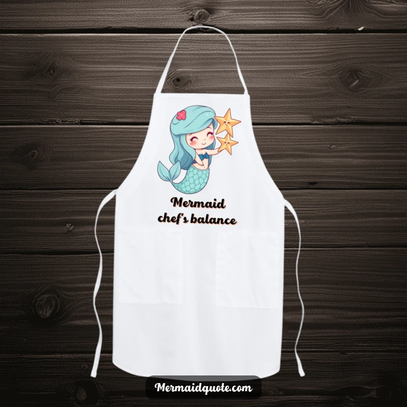 Funny apron featuring a smiling mermaid balancing a starfish on her nose, ideal for kitchen comedy.