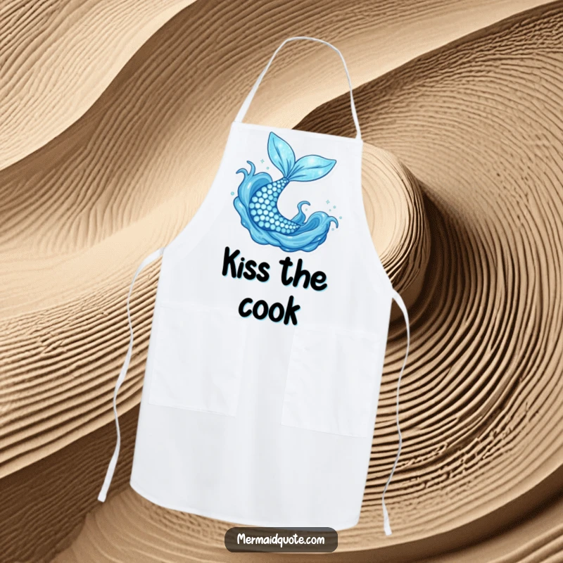 Funny sparkly mermaid tail flipping joyfully, a humorous apron for magical kitchen adventures and cooking.