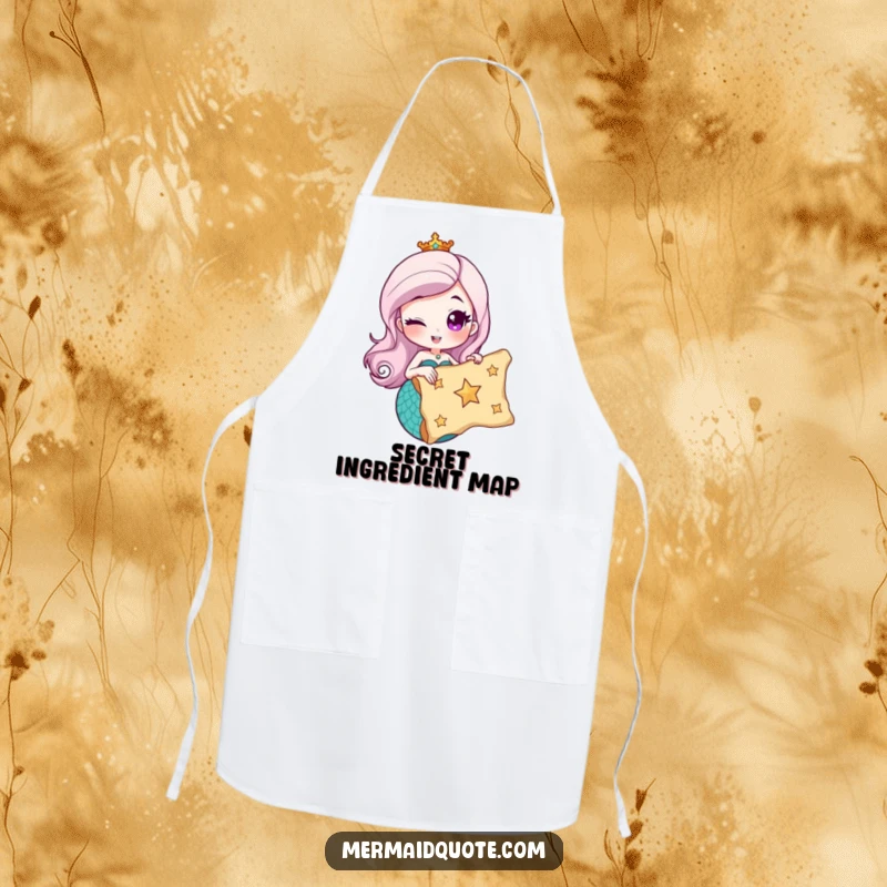 Funny apron illustrating a winking mermaid holding a treasure map with a star, making kitchen tasks an exciting treasure hunt.