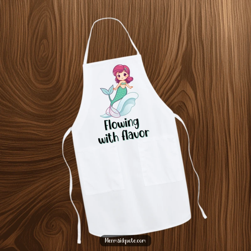 Funny apron of a mermaid happily riding a wave, tail swishing, for kitchen fun.
