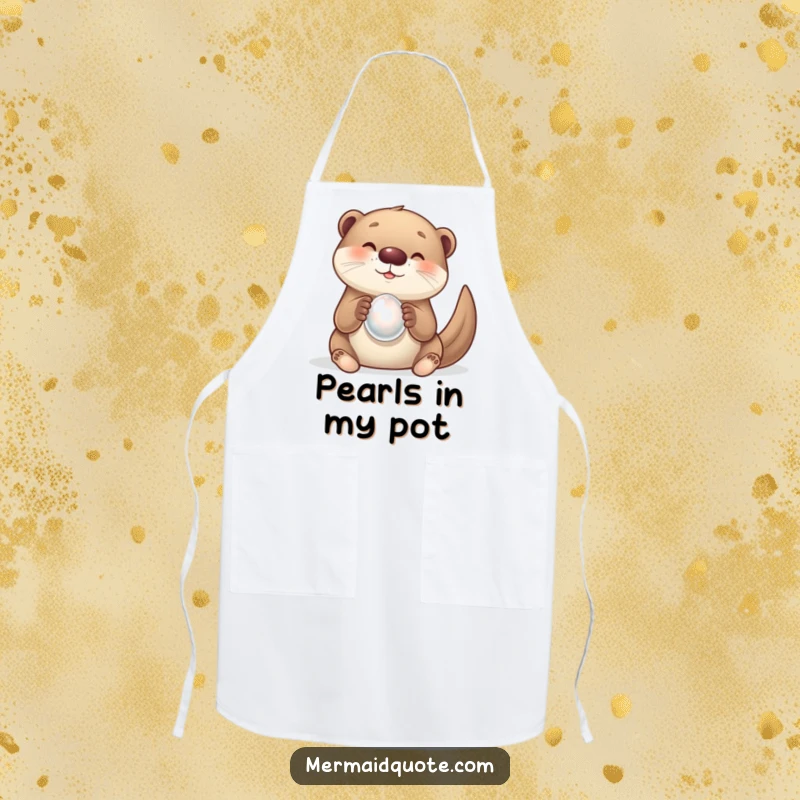 Funny kitchen apron depicting a curious otter creature overjoyed with a shiny pearl. A whimsical addition for cooks.