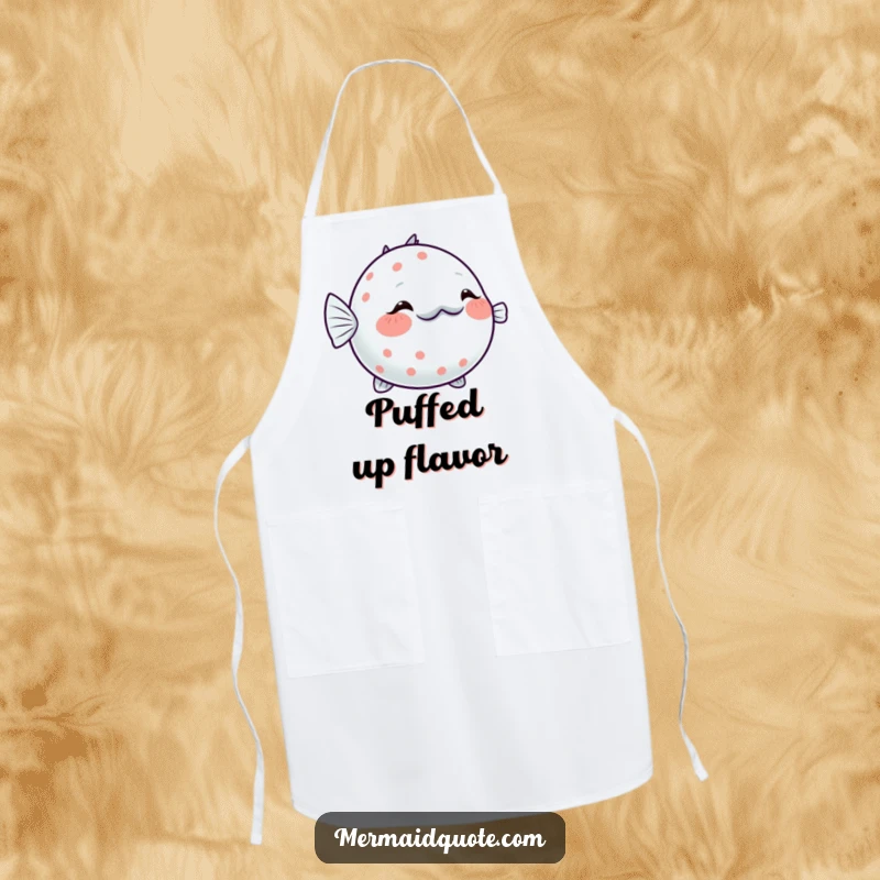 Funny Pufferfish Blushing Apron: A charming apron showing a shy pufferfish inflating slightly with a sparkling blush, perfect for kitchen fun.