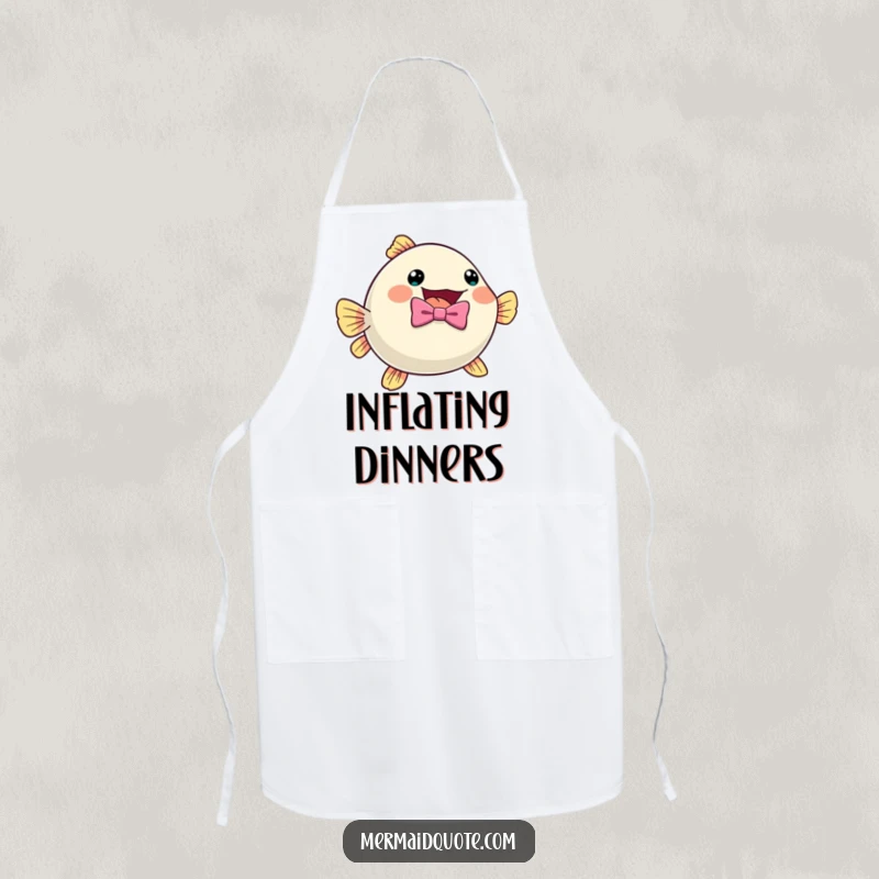 Funny pufferfish in a bow tie, shown inflating with excitement, printed on a practical apron for culinary fun.
