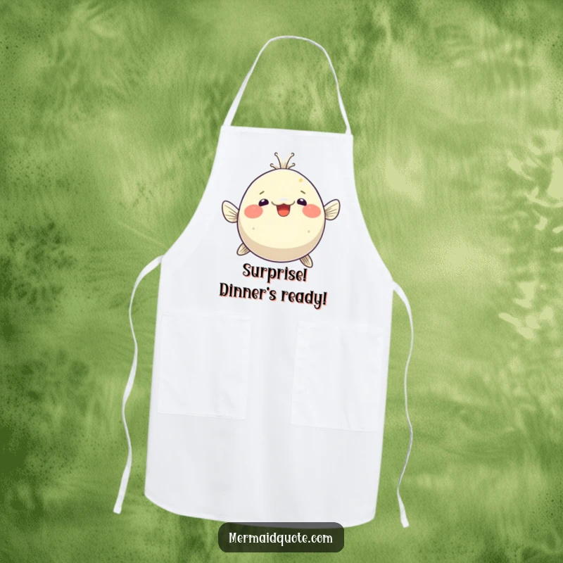 Funny pufferfish apron, comically puffed up with delighted surprise, perfect for adding a touch of humor to cooking and baking.