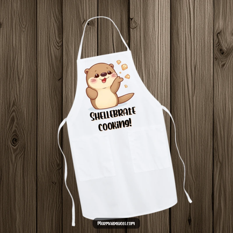 Funny sea otter apron showing a delighted otter character juggling shiny seashells, perfect for protecting clothes while cooking with humor.