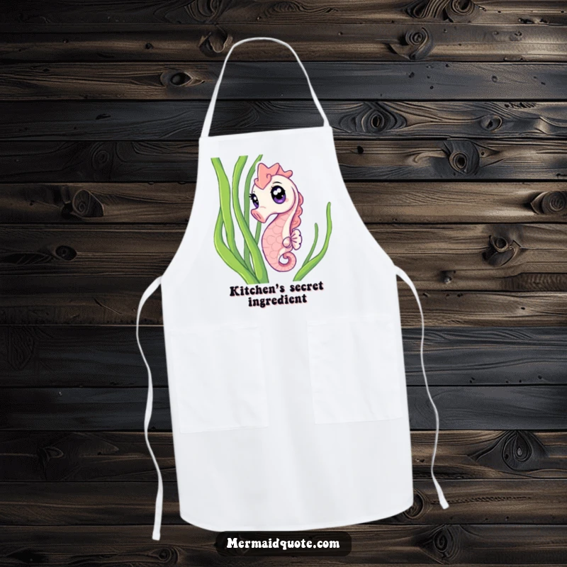 Funny Apron showing a curious seahorse with wide eyes peeking from seaweed, perfect for kitchen duties with oceanic humor.