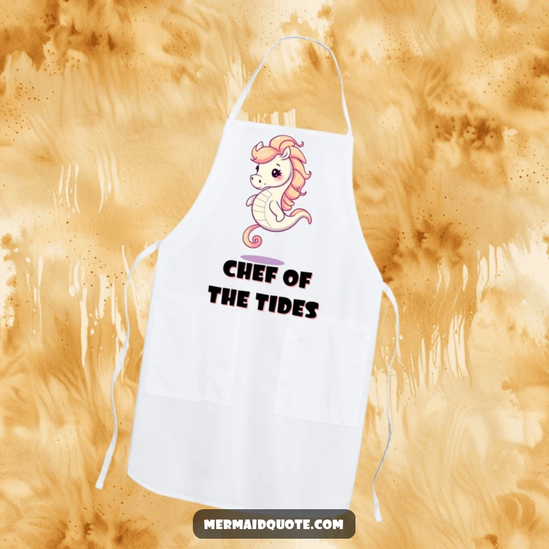 Funny seahorse with a vibrant swirling mane, captured in a galloping motion, printed on a practical apron for kitchen fun.