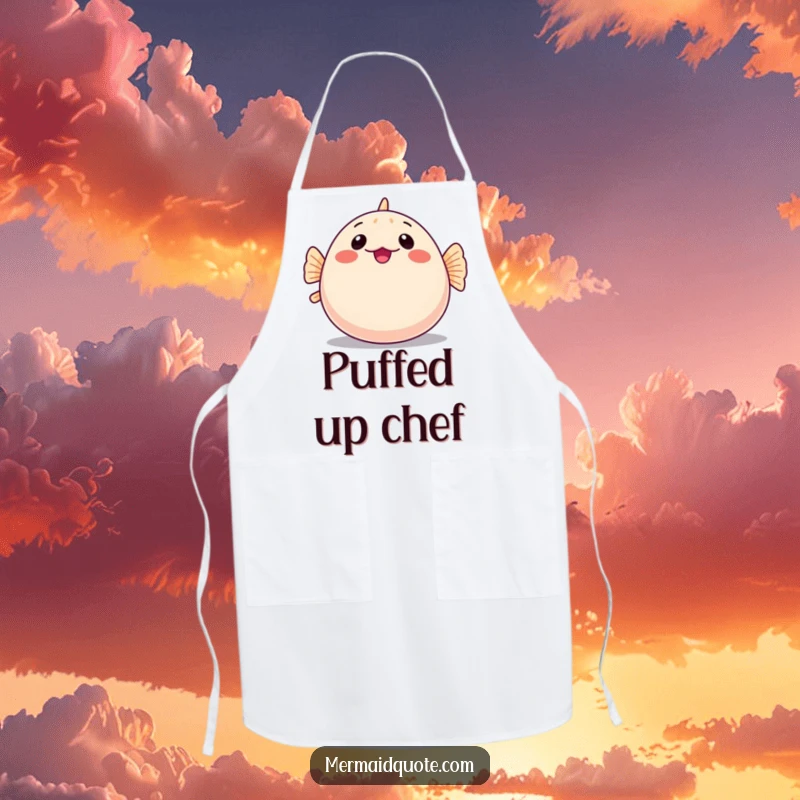 Funny apron depicting a shy pufferfish comically inflating into a round shape, perfect for a bashful but brilliant cook.