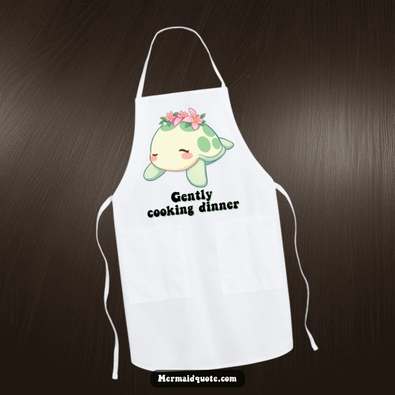 Funny chef apron with a sleepy sea turtle wearing a flower crown, gently drifting, perfect for kitchen tasks with a touch of serene humor, a gift.