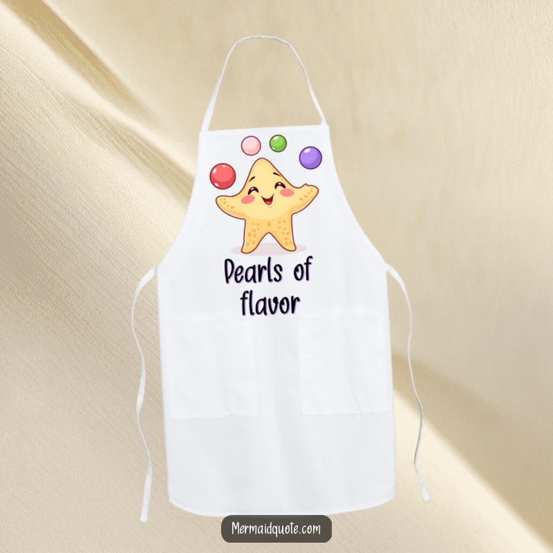 Funny Starfish Juggling Apron: A playful apron showing a starfish juggling pearls with a mischievous grin, perfect for kitchen fun.
