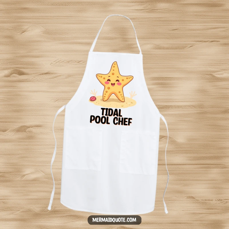 Funny apron showing a happy starfish doing a funny wiggle dance on a sandy seabed, perfect for a kitchen with ocean vibes.
