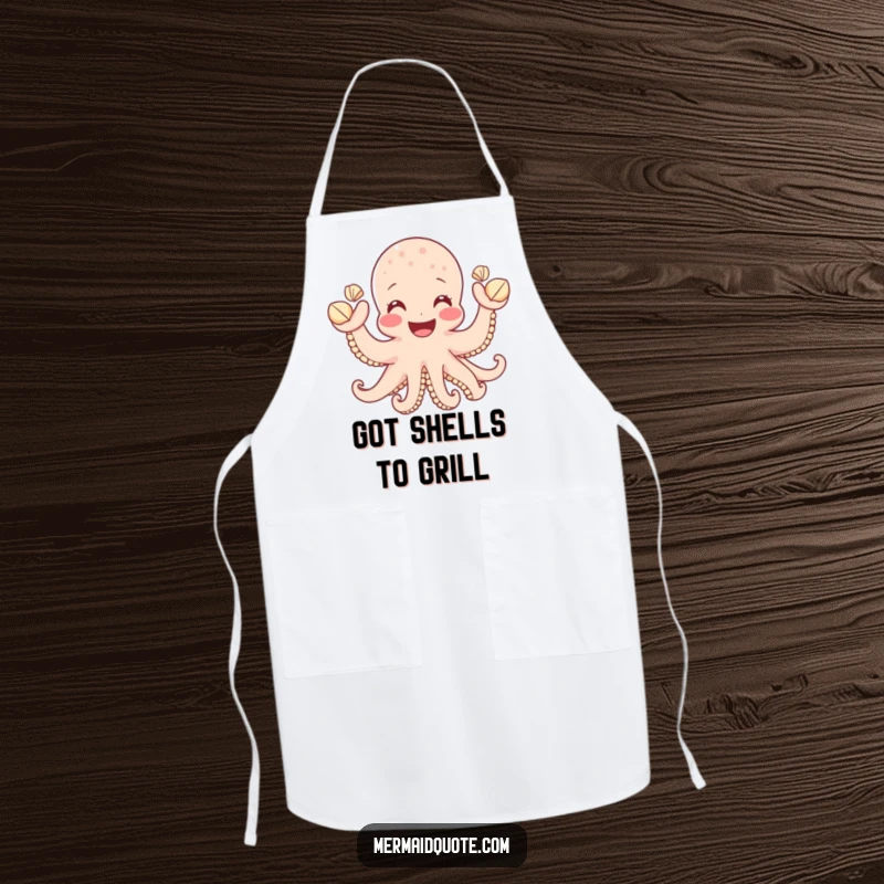 Funny chef apron with a smiling octopus waving many tiny seashells, perfect for kitchen fun and adding a humorous touch to cooking, a gift.