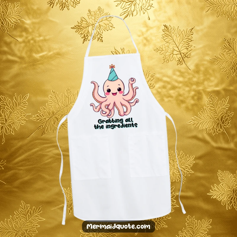 Funny cheerful octopus in a party hat, enthusiastically waving all eight arms, printed on a practical and amusing kitchen apron.