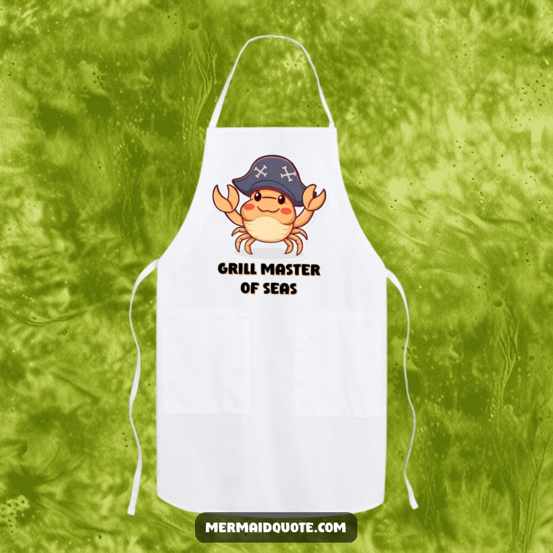 Funny Apron showing a little crab wearing a pirate hat and waving a claw amicably, perfect for kitchen duties with pirate flair.