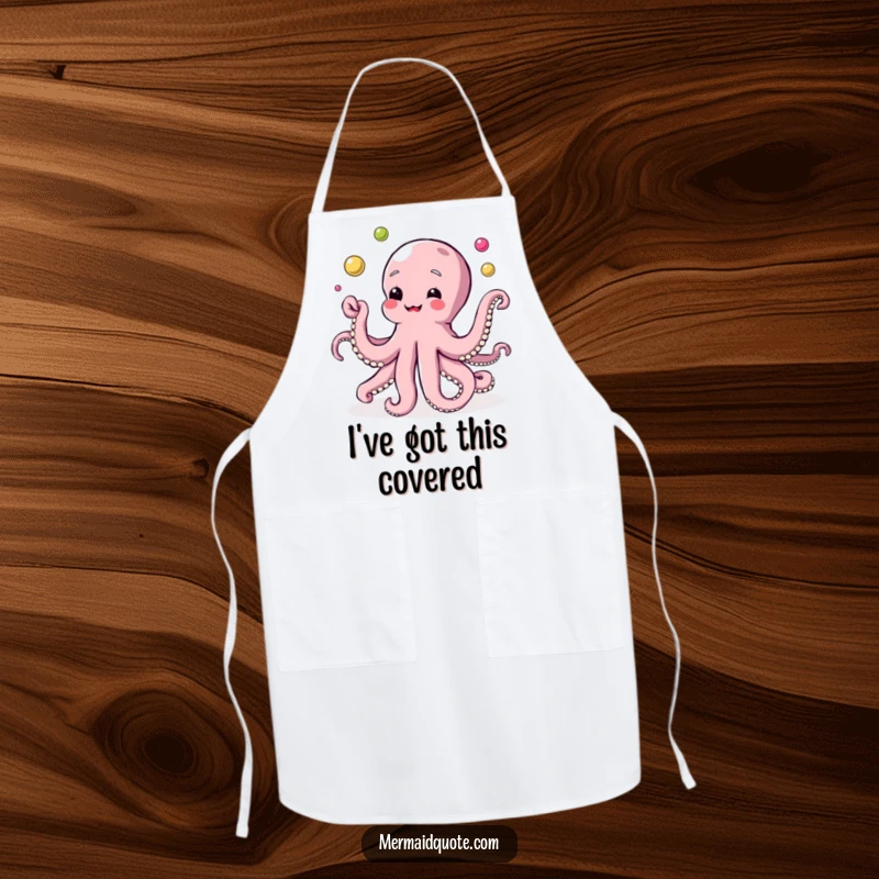 Funny apron showing a nimble octopus juggling glowing pearls, ready to assist in the kitchen with a playful spirit.