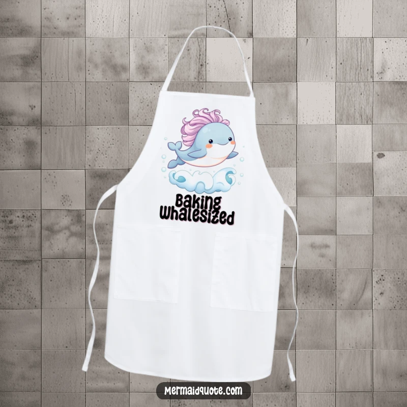 Funny kitchen apron illustrating a baby whale with a flowing mane joyfully leaping from bubbly ocean waves, ideal for cooking with whimsical humor.