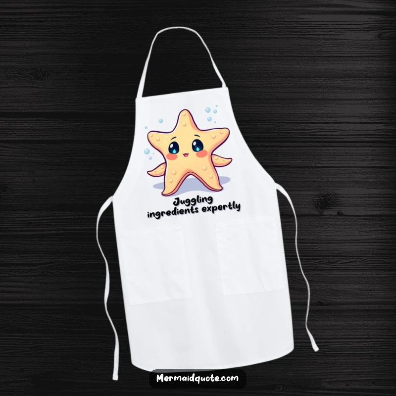 Funny starfish with sparkling eyes juggling tiny glowing sea pearls on an apron, whimsical kitchen accessory.
