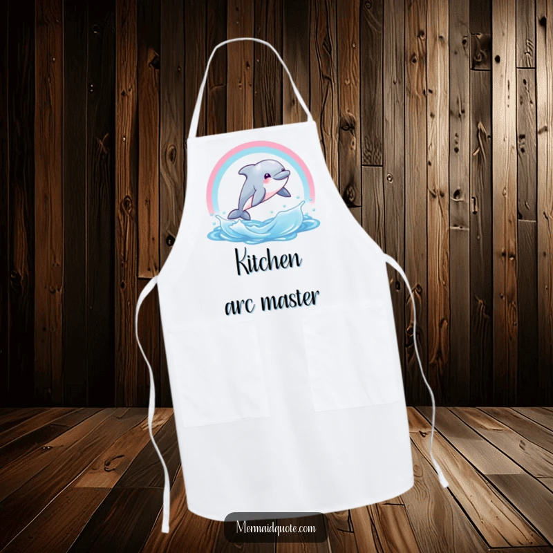 Funny kitchen apron depicting a giggling dolphin creature leaping through a rainbow water arc. A joyful addition for cooks.