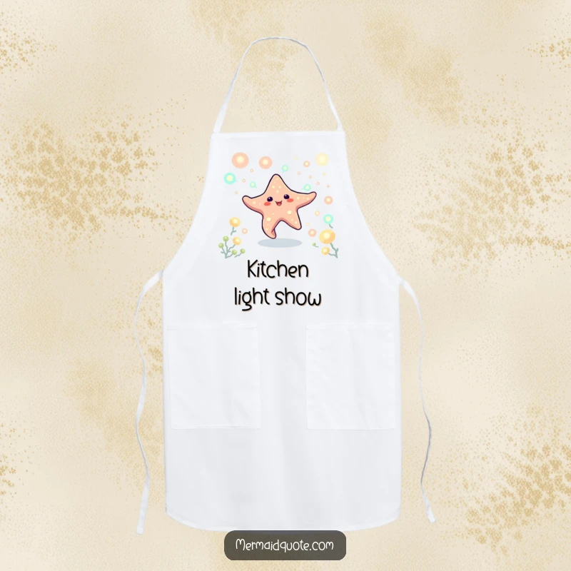 Funny kitchen apron depicting a playful starfish creature dancing amidst glowing plankton. A magical addition for cooks.